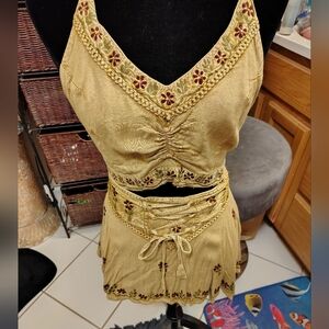 Embroidered Tan Boho Beach Maui Two Piece Skirt And Halter Set/ Golden Color/ OS
